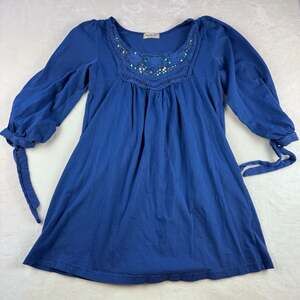 One World Blue Boho Tunic Top with Crocheted Sequined Neckline - Size S